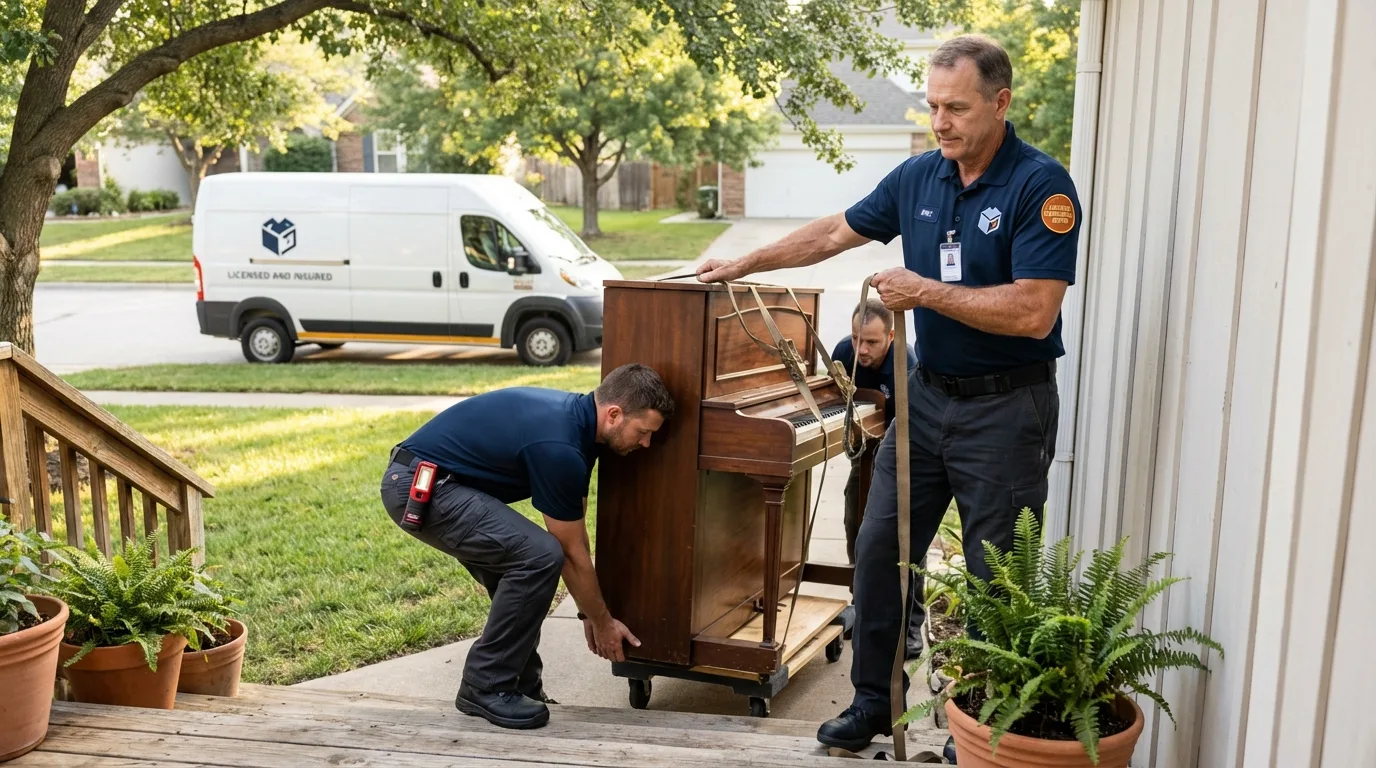 Licensed piano movers securing grand piano in Lower Lake, CA